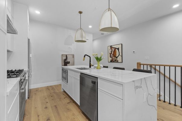 Interior, Kitchen, Pendant Lights, Recessed Lighting, Stainless Steel Appliances, Wood Texture Flooring