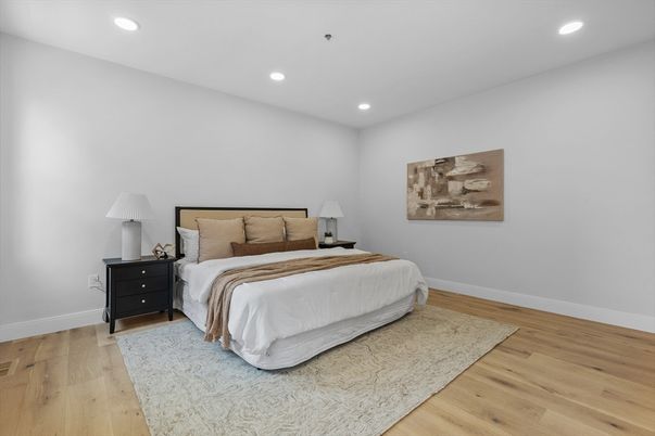 Bedroom, Interior, Recessed Lighting, Wood Texture Flooring