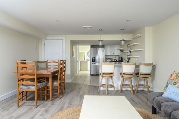 Dining room, Interior, Kitchen, Pendant Lights, Stainless Steel Appliances, Wood Texture Flooring