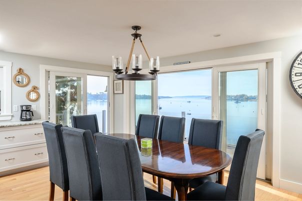 Dining room, Interior, Pendant Lights, Water, Wood Texture Flooring