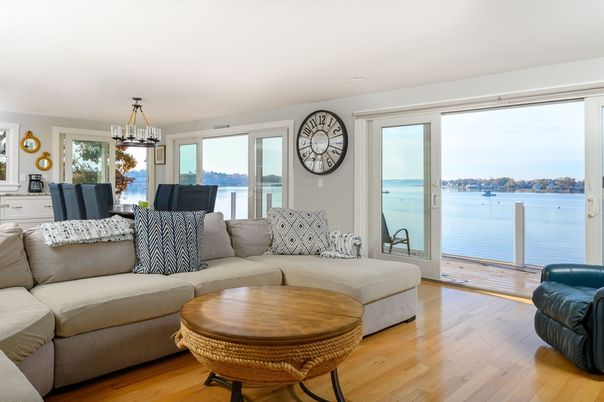 Dining room, Interior, Living room, Pendant Lights, Water, Wood Texture Flooring