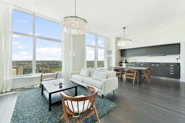 Chandelier, Dining room, Interior, Kitchen, Living room, Pendant Lights, Recessed Lighting, Wood Texture Flooring