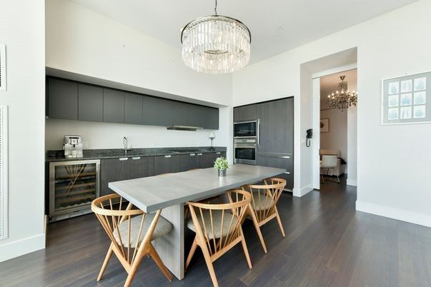 Chandelier, Dining room, Interior, Kitchen, Stainless Steel Appliances, Wood Texture Flooring
