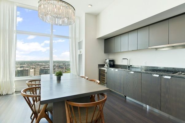 Chandelier, Dining room, Interior, Kitchen, Recessed Lighting, Wood Texture Flooring