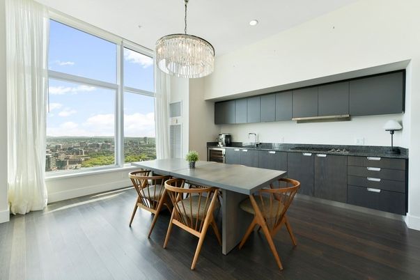 Chandelier, Dining room, Interior, Kitchen, Recessed Lighting, Wood Texture Flooring