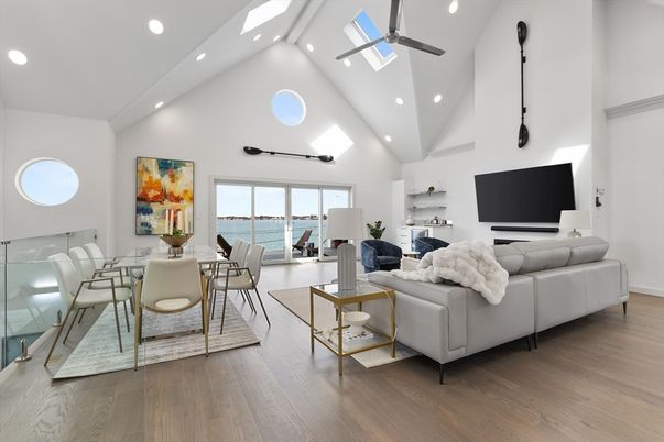 Dining room, Interior, Living room, Recessed Lighting, Water, Wood Texture Flooring