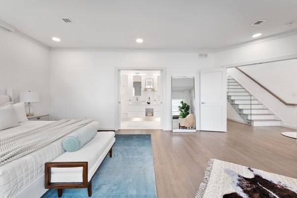 Bedroom, Interior, Recessed Lighting, Wood Texture Flooring