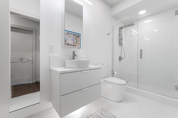 Bathroom, Glass Shower, Interior, Recessed Lighting, Wood Texture Flooring