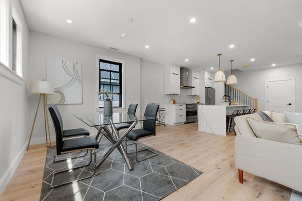 Dining room, Interior, Kitchen, Pendant Lights, Recessed Lighting, Wood Texture Flooring