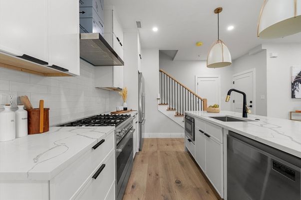 Interior, Kitchen, Pendant Lights, Recessed Lighting, Stainless Steel Appliances, Wood Texture Flooring