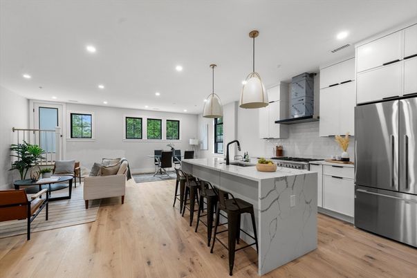 Interior, Kitchen, Living room, Pendant Lights, Recessed Lighting, Stainless Steel Appliances, Wood Texture Flooring