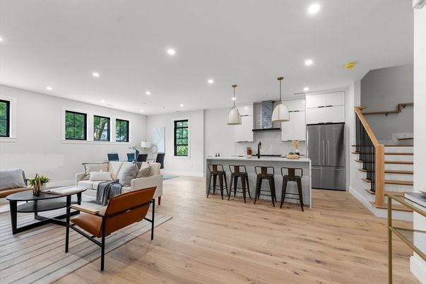 Interior, Kitchen, Living room, Pendant Lights, Recessed Lighting, Stainless Steel Appliances, Wood Texture Flooring