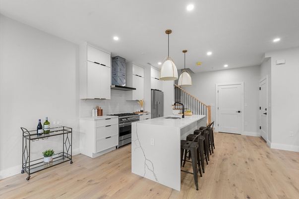Interior, Kitchen, Pendant Lights, Recessed Lighting, Stainless Steel Appliances, Wood Texture Flooring