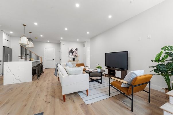 Interior, Kitchen, Living room, Pendant Lights, Recessed Lighting, Wood Texture Flooring