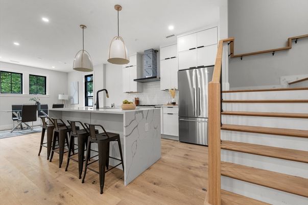 Dining room, Interior, Kitchen, Pendant Lights, Recessed Lighting, Stainless Steel Appliances, Wood Texture Flooring