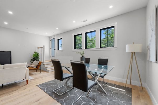 Dining room, Interior, Living room, Recessed Lighting, Wood Texture Flooring