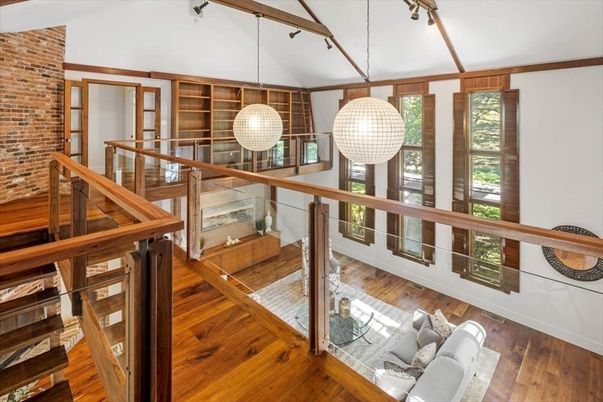 Interior, Pendant Lights, Stone Walls, Wood Texture Flooring