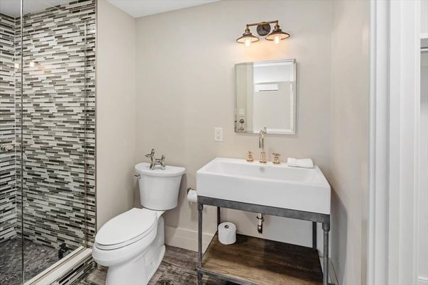 Bathroom, Glass Shower, Interior, Wood Texture Flooring