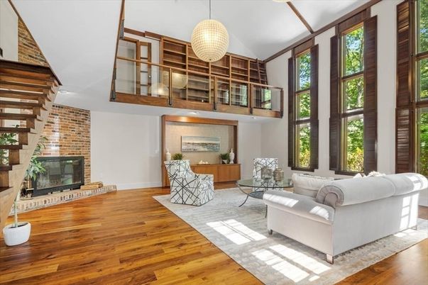 Fireplace, Interior, Living room, Pendant Lights, Stone Walls, Wood Texture Flooring