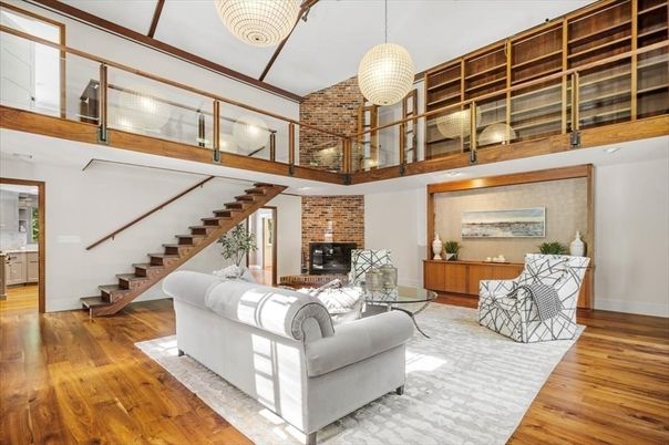Fireplace, Interior, Living room, Pendant Lights, Stone Walls, Wood Texture Flooring