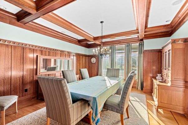 Chandelier, Dining room, Interior, Wooden Beams, Wood Texture Flooring