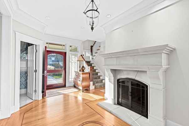 Fireplace, Interior, Pendant Lights, Recessed Lighting, Wood Texture Flooring