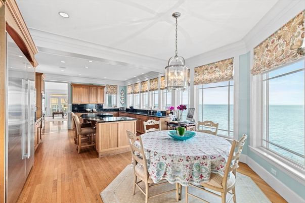 Dining room, Interior, Kitchen, Pendant Lights, Recessed Lighting, Water, Wood Texture Flooring