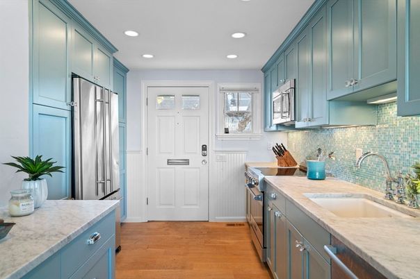 Interior, Kitchen, Recessed Lighting, Stainless Steel Appliances, Wood Texture Flooring