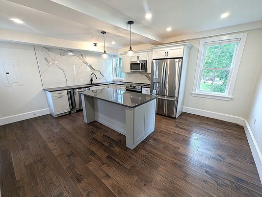 Interior, Kitchen, Marble Walls, Pendant Lights, Recessed Lighting, Stainless Steel Appliances, Wood Texture Flooring
