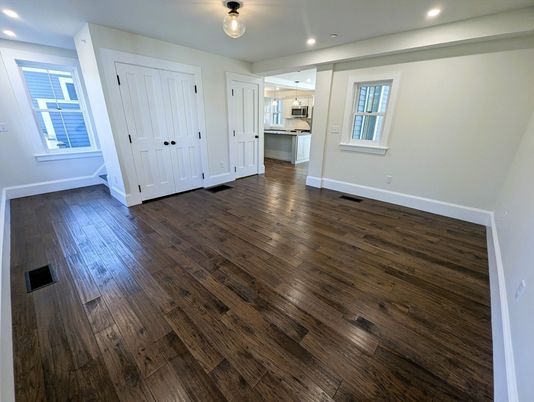 Empty room, Interior, Kitchen, Recessed Lighting, Wood Texture Flooring