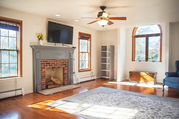 Fireplace, Interior, Recessed Lighting, Wood Texture Flooring