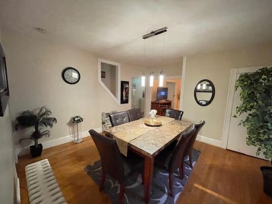 Dining room, Interior, Pendant Lights, Wood Texture Flooring