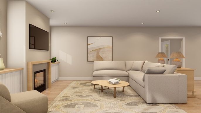 Fireplace, Interior, Living room, Recessed Lighting, Wood Texture Flooring