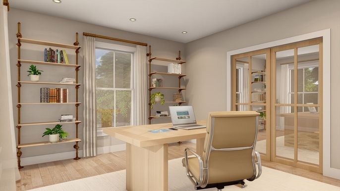 Home Office, Interior, Recessed Lighting, Wood Texture Flooring