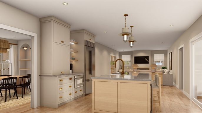 Dining room, Interior, Kitchen, Pendant Lights, Recessed Lighting, Wood Texture Flooring