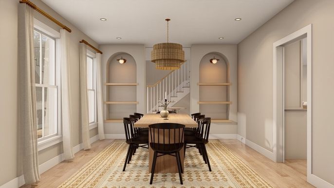 Chandelier, Dining room, Interior, Pendant Lights, Recessed Lighting, Wood Texture Flooring
