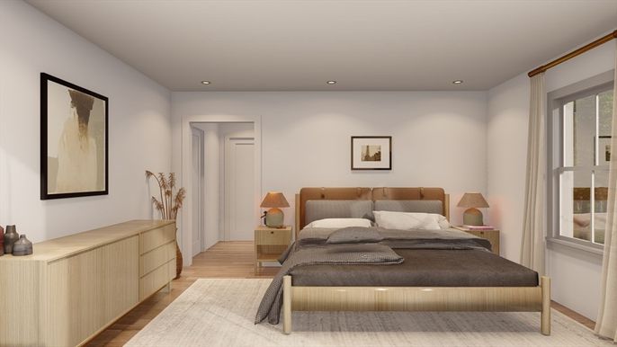 Bedroom, Interior, Recessed Lighting, Wood Texture Flooring