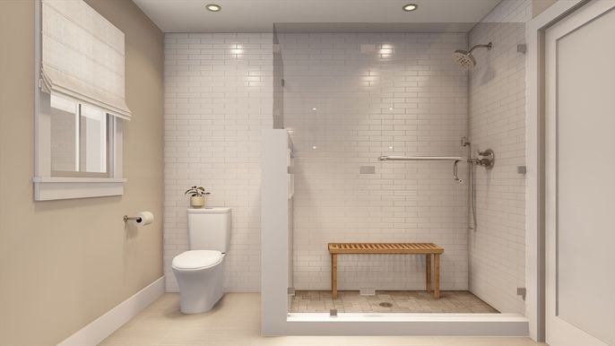 Bathroom, Glass Shower, Interior, Recessed Lighting, Wood Texture Flooring