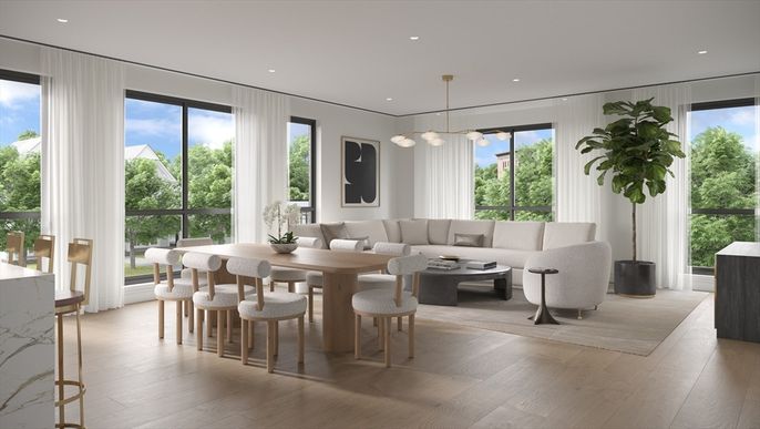 Dining room, Fireplace, Interior, Kitchen, Living room, Marble Walls, Pendant Lights, Recessed Lighting, Wood Texture Flooring