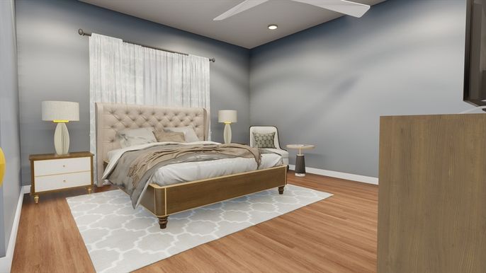 Bedroom, Interior, Recessed Lighting, Wood Texture Flooring