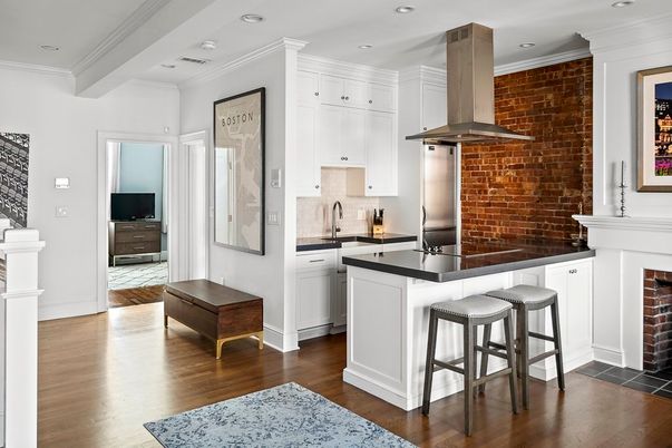 Fireplace, Interior, Kitchen, Recessed Lighting, Stone Walls, Wood Texture Flooring
