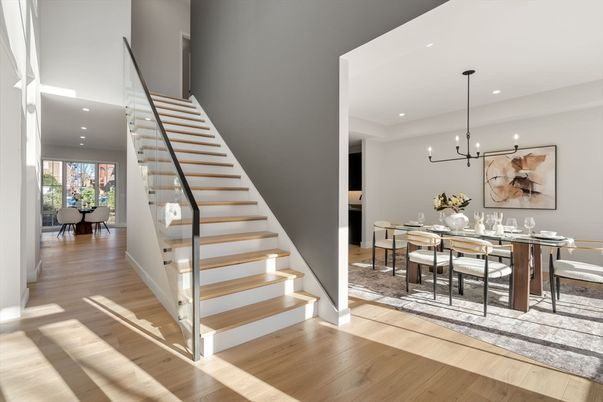 Dining room, Interior, Pendant Lights, Recessed Lighting, Wood Texture Flooring