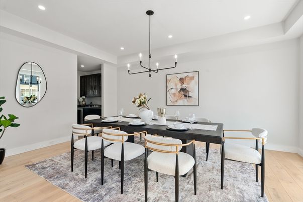 Dining room, Interior, Pendant Lights, Recessed Lighting, Wood Texture Flooring