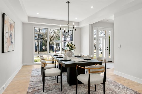 Dining room, Interior, Pendant Lights, Recessed Lighting, Wood Texture Flooring