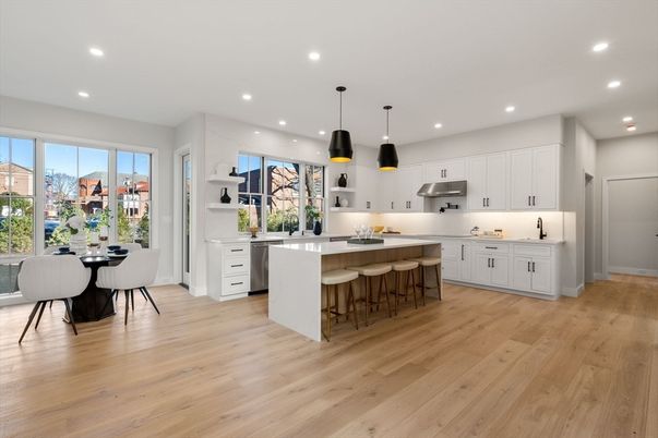 Dining room, Interior, Kitchen, Pendant Lights, Recessed Lighting, Stainless Steel Appliances, Wood Texture Flooring