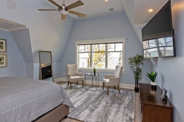 Bedroom, Fireplace, Interior, Recessed Lighting, Wood Texture Flooring