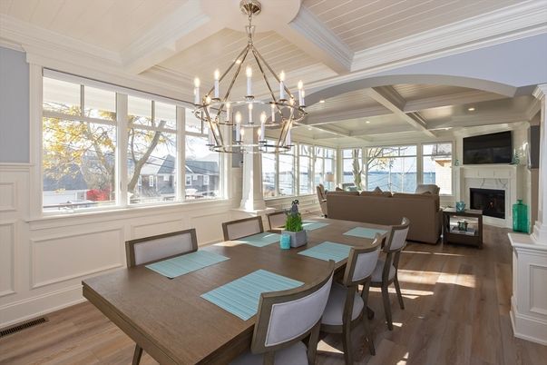Chandelier, Dining room, Fireplace, Interior, Living room, Pendant Lights, Wood Texture Flooring