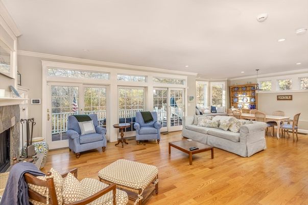 Dining room, Fireplace, Interior, Living room, Pendant Lights, Recessed Lighting, Wood Texture Flooring