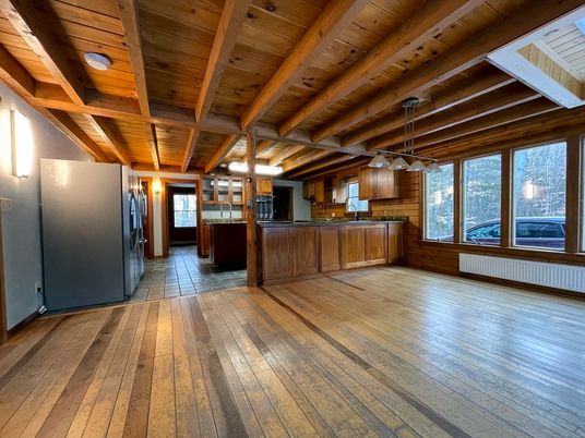 Empty room, Interior, Kitchen, Pendant Lights, Wooden Beams, Wooden Ceilings, Wood Texture Flooring, Wooden Walls