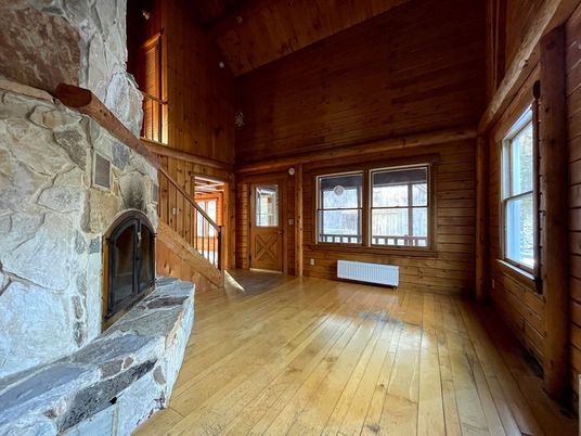 Empty room, Fireplace, Interior, Stone Walls, Wooden Beams, Wooden Ceilings, Wood Texture Flooring, Wooden Walls